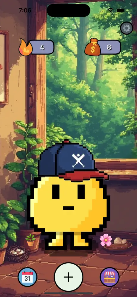 Pippa patient app home screen: the pixel-art pet wearing a cap in a cozy room, with streak and coin counts above