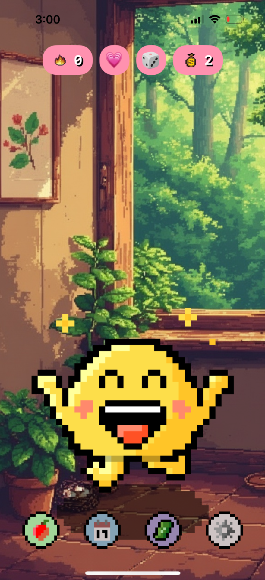 Pippa smartphone mockup showing a live app screen with pixel-art background and mascot celebrating